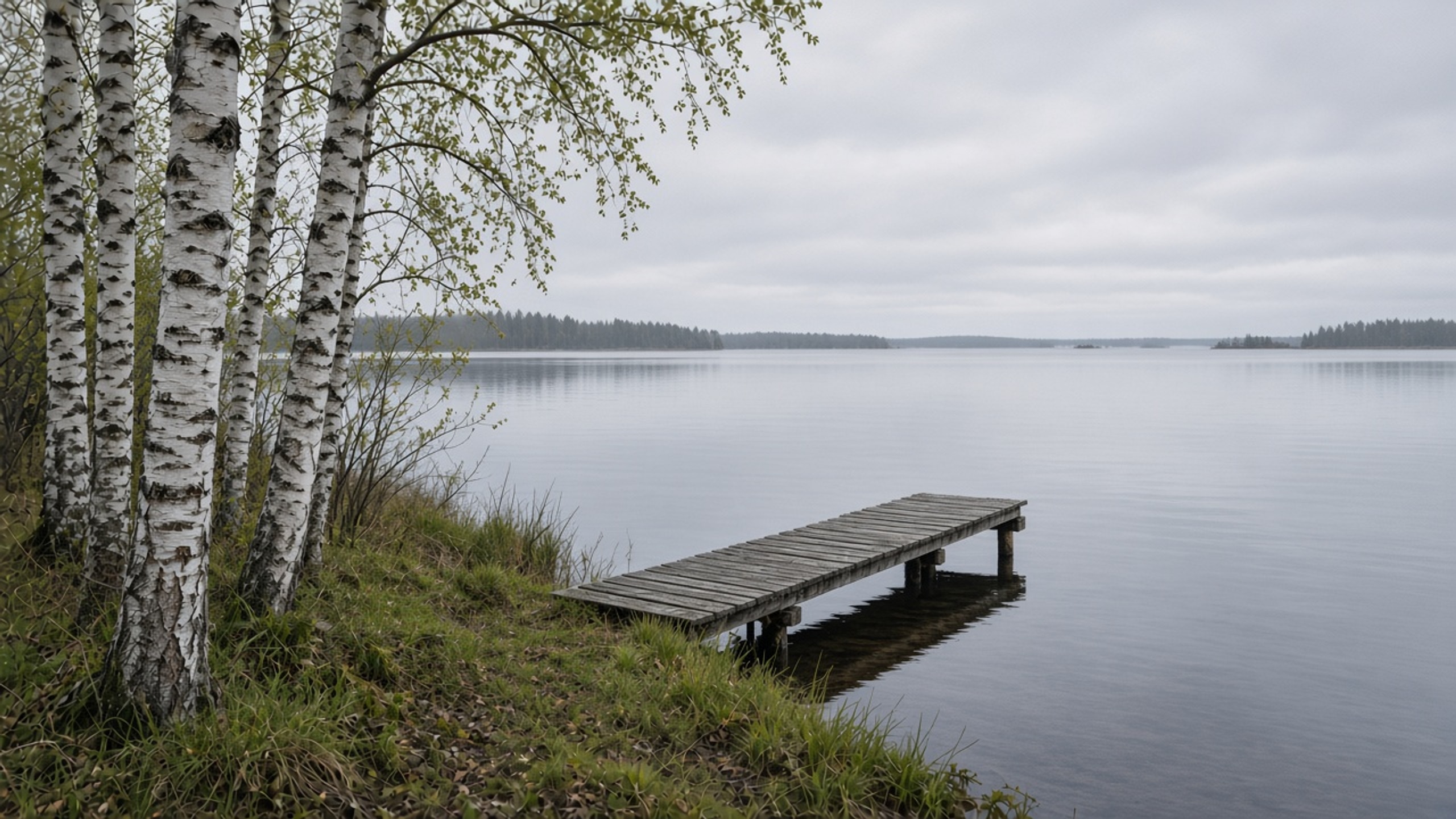 En lugn svensk sjökant med björkar, en träbrygga och stilla vatten.